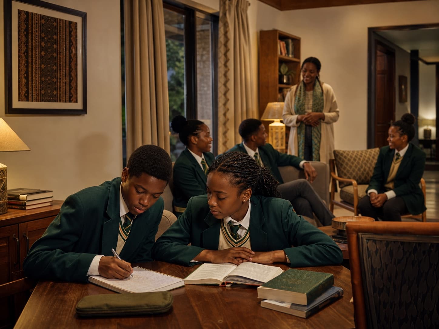 Nigerian boarding pupils studying together with a house parent nearby