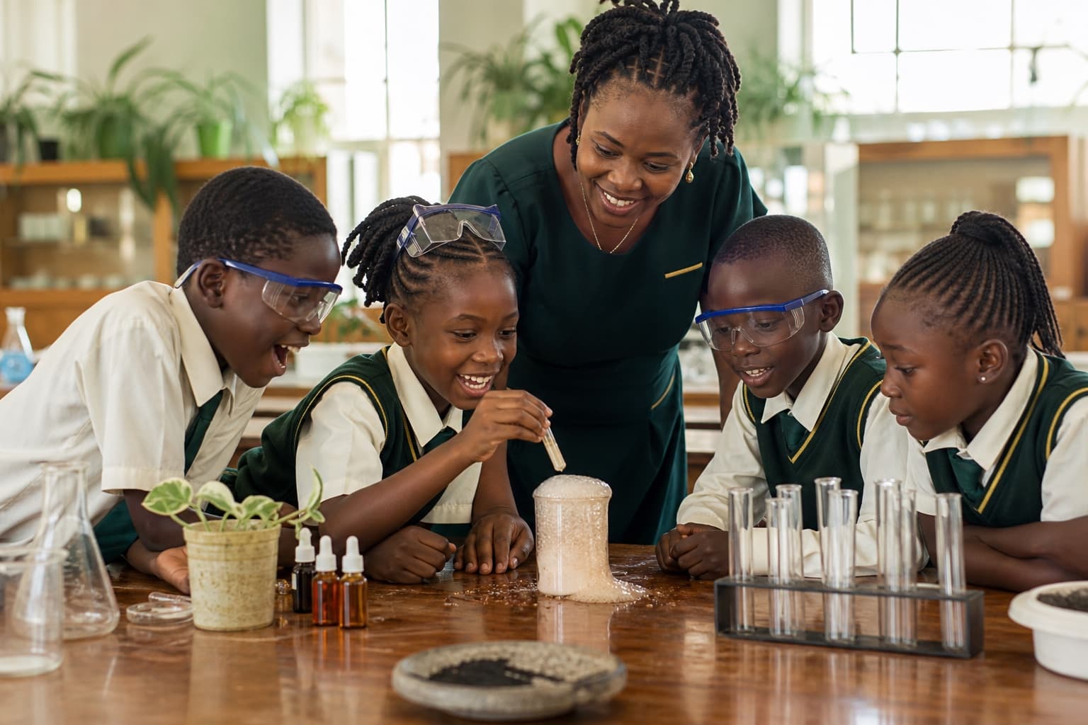 Nigerian primary pupils carrying out a science experiment with their teacher