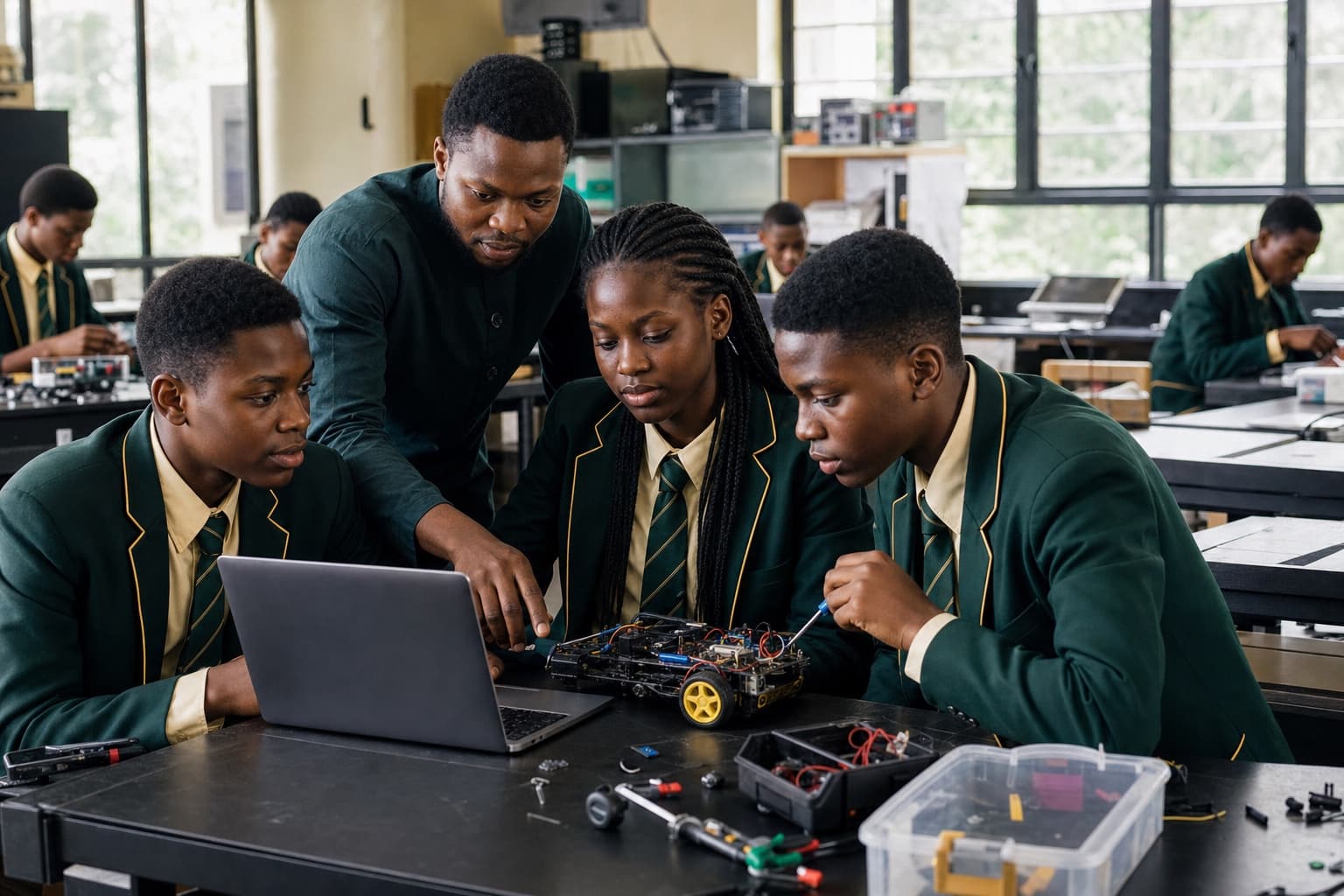 Nigerian secondary students collaborating in a modern robotics laboratory