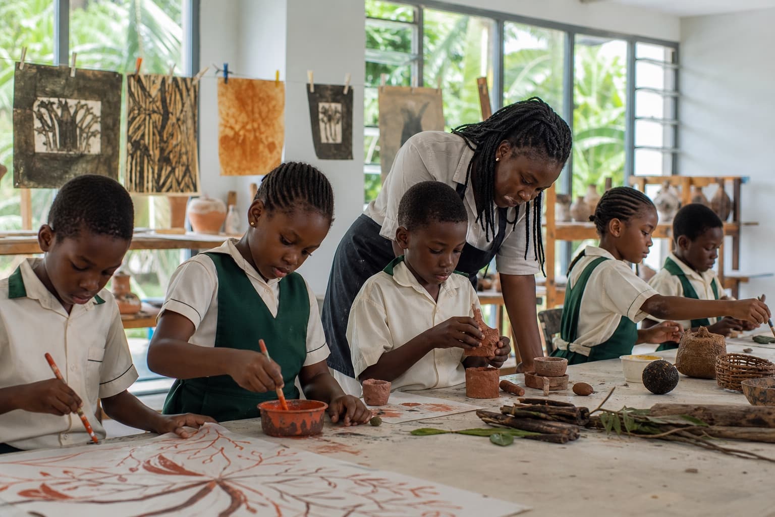 Nigerian primary pupils shaping clay and painting together in the art studio
