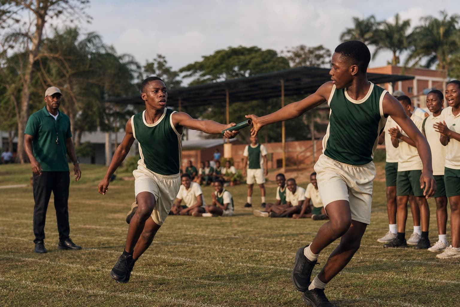 Nigerian secondary pupils exchanging a relay baton during inter-house athletics