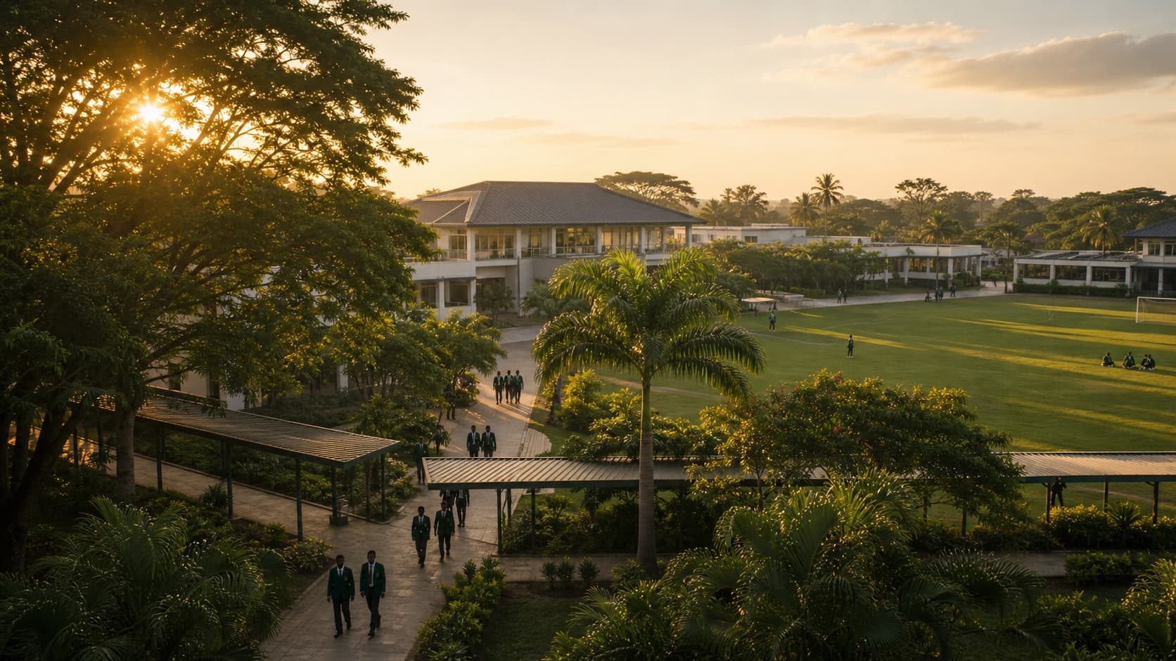 Shepherdsfield Academy campus at golden hour with Nigerian pupils crossing the courtyard