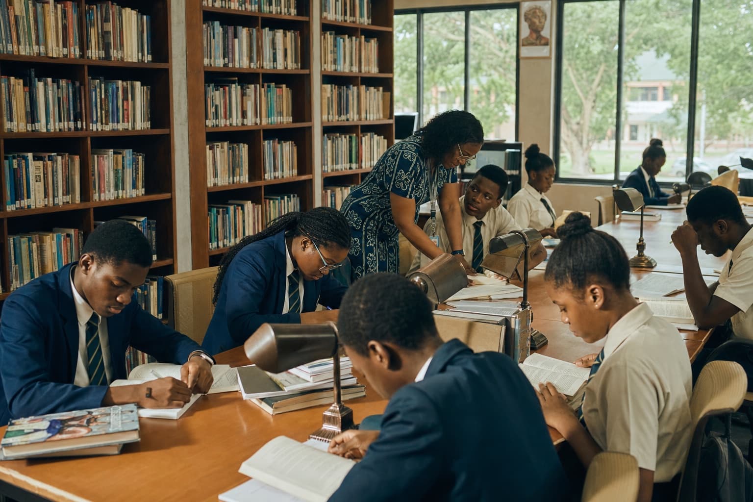 Nigerian secondary pupils reading and studying together in the school library